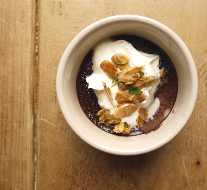 Maple Chocolate Pots with Olive Oil Thyme Crumble 