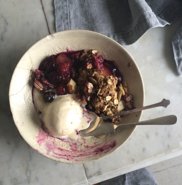 Blueberry, almond and plum crumble