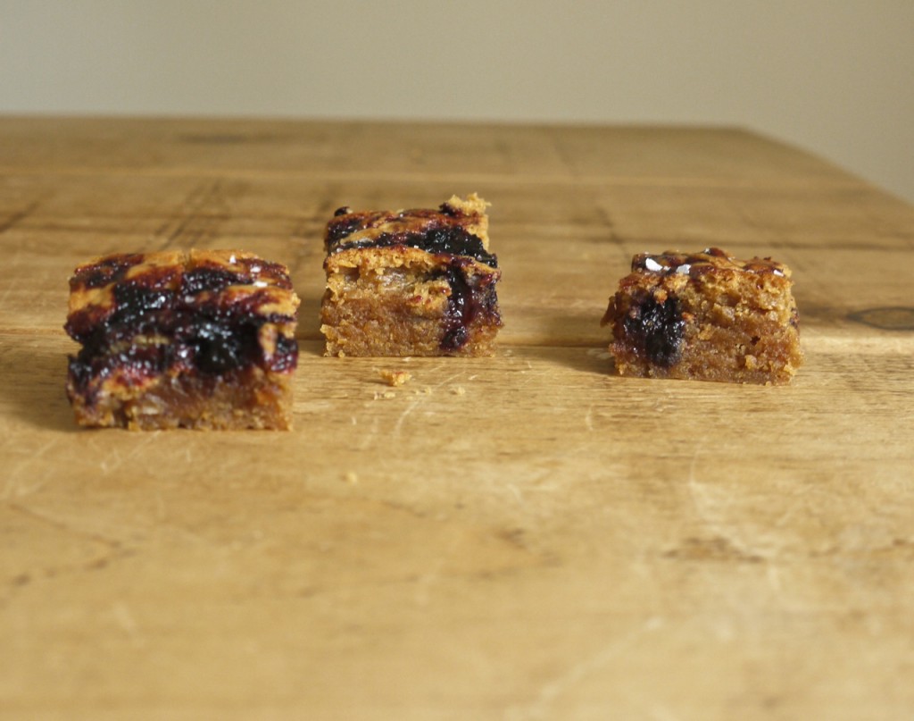 Squidgy peanut butter blondies with jam swirl