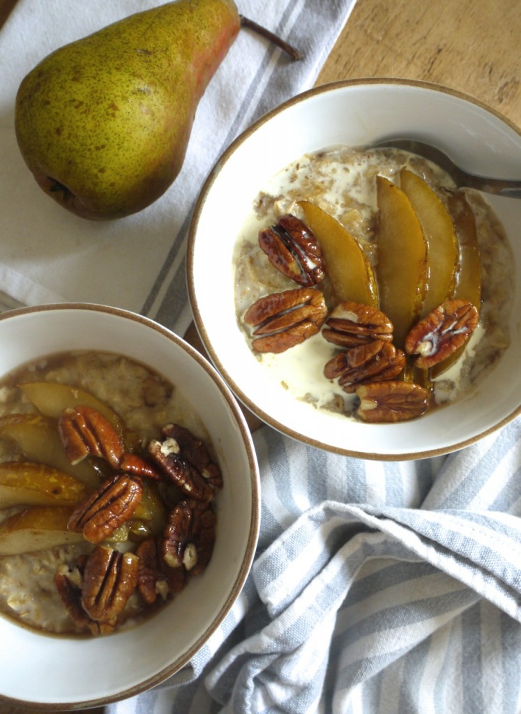 Chai spiced porridge with mapled pears & pecans & cream