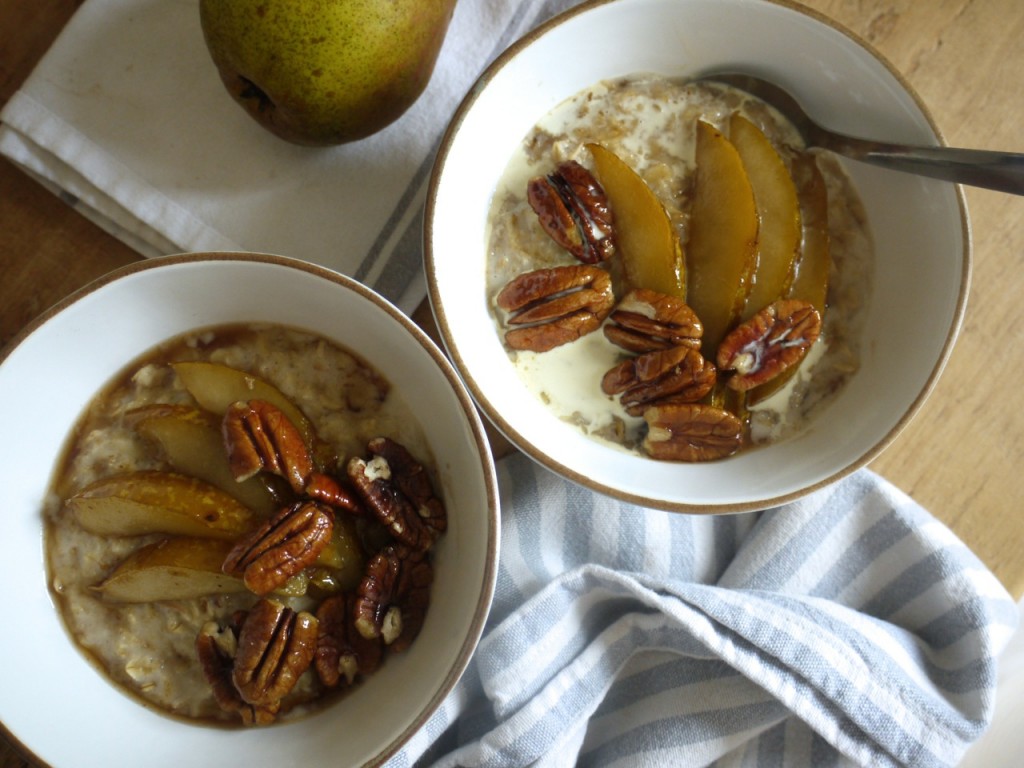 Chai spiced porridge with mapled pears & pecans & cream