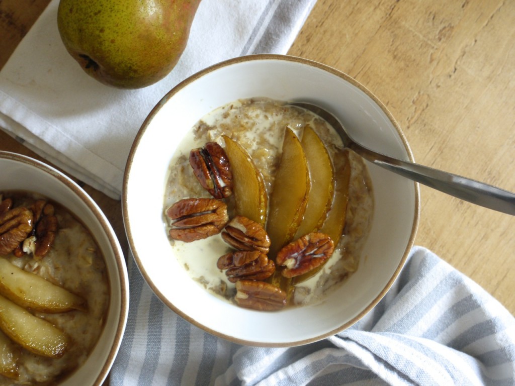Chai spiced porridge with mapled pears & pecans