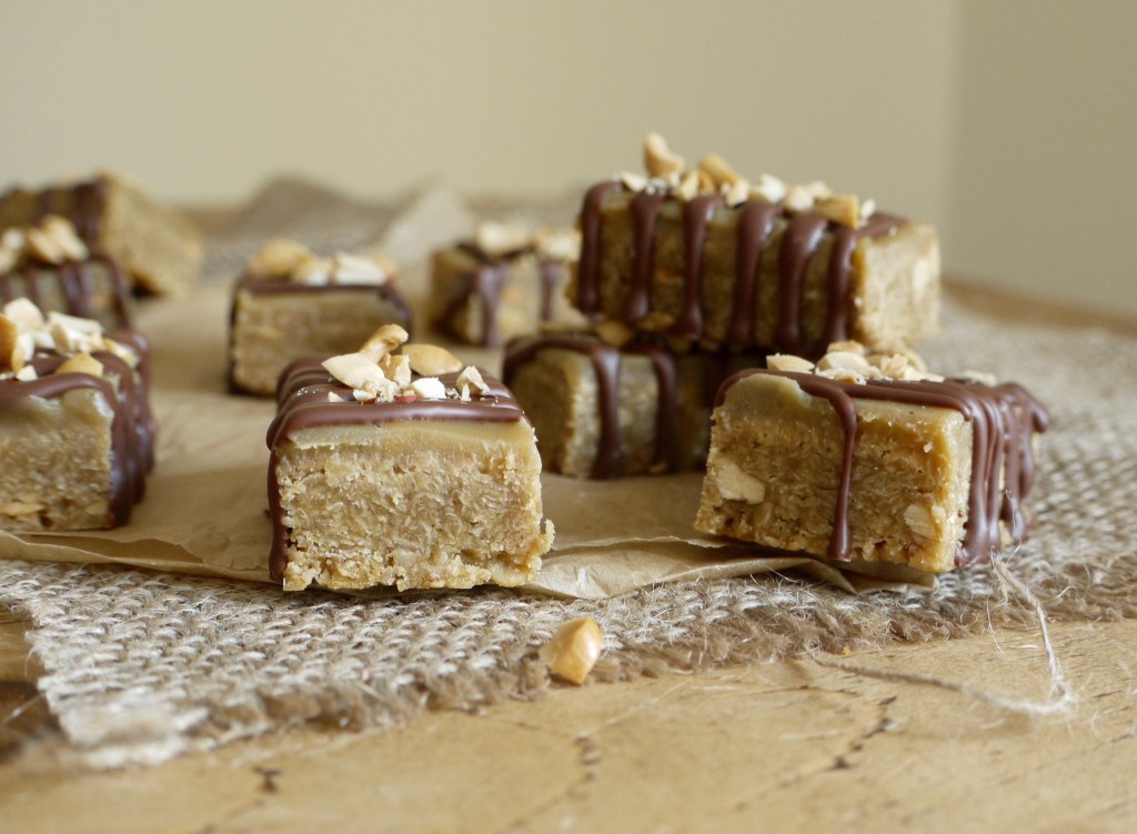 Chocolate Drizzled Peanut Butter Flapjack Bites