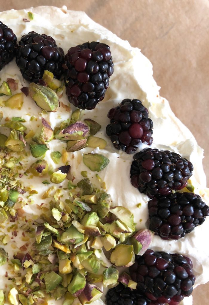 Blackberry pistachio meringue